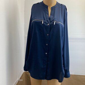 Calvin Klein Women's Navy Button-Down Long Sleeve Shirt With Zipper Pockets used